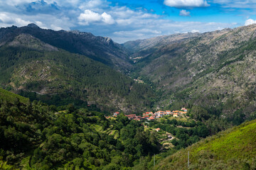 View of the small village of Tibo, with its traditional agricultural fields, at the Peneda Geres National Park, in Portugal.