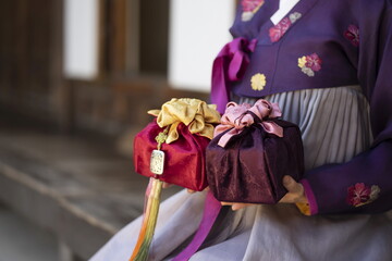 Fototapeta na wymiar Woman in Korean traditional clothes holding traditional packages