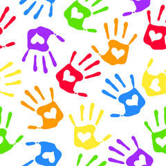 Rainbow hands seamless pattern, vector illustration.  Texture for fabric, wrapping, wallpaper. Decorative print.
