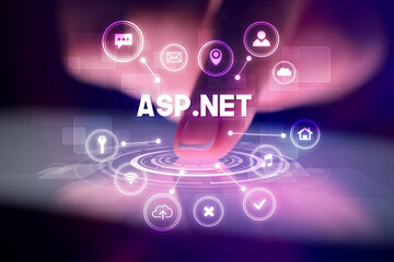 Finger touching tablet with web technology icons concept