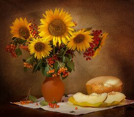 still life with sunflowers and melon © marisia7708