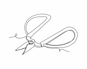 Continuous one line drawing of scissors in silhouette on a white background. Linear stylized.Minimalist.