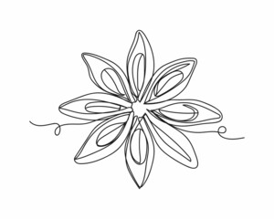 Continuous one line drawing of star anise in silhouette on a white background. Linear stylized.Minimalist.