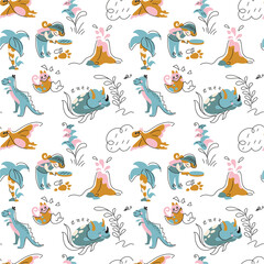 Dinosaurs and paleontologist, fabric with infant pattern,  doodle print, seamless vector