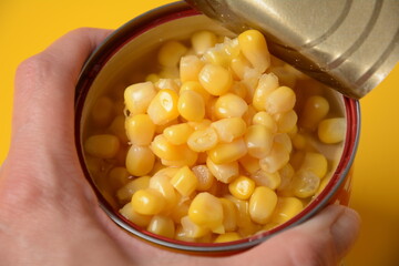 Open tin can in hand with corn kernels on yellow background