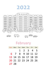 coloring book calendar 2022. houses with road and cars. february