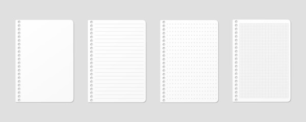 Ruled, gridded and dotted sheets. Blank sheets of notebook with grid for homework and exercises. Creative vector illustration mock up diary.