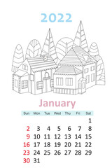 coloring book calendar 2022. cute houses surrounded by trees. ja