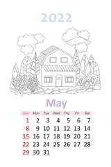 coloring book calendar 2022. lovely house with flowering trees.
