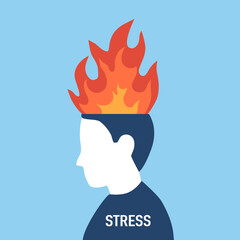 Stress management or angry control. Flame fire on human head in flat design. 
