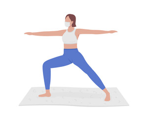 Girl participating in yoga session semi flat color vector character. Full body person on white. Yoga class during pandemic isolated modern cartoon style illustration for graphic design and animation