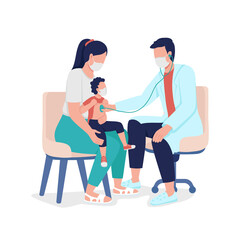 Going to doctor with kid semi flat color vector characters. Full body people on white. Checking child body with stethoscope isolated modern cartoon style illustration for graphic design and animation