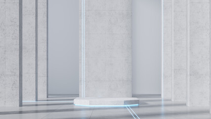 Concrete podium in white futuristic interior with neon light and lines. Business technology mock up of for branding and presentation. 3d render. 3d illustration.