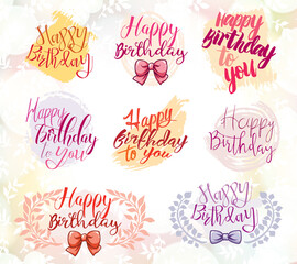 Happy Birthday tags on the colorful bokeh pattern. Collection of the logotypes with lettering and paint stains. Greeting logos for a birthday gifts