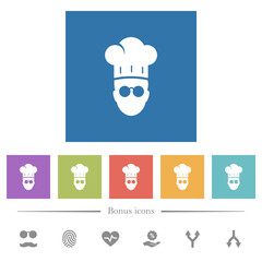 Chef with glasses flat white icons in square backgrounds