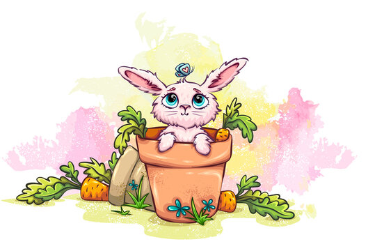 Art with cute rabbit in the garden with pots and carrots. Vector illustration.