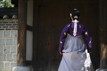 Rear view of woman in Hanbok standing at traditional Korean gate