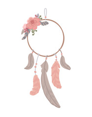 dreamcatcher vector illustration. The catcher is mystical, in delicate tones of macrame with feathers. Isolated on white background - obrazy, fototapety, plakaty
