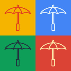 Pop art line Sun protective umbrella for beach icon isolated on color background. Large parasol for outdoor space. Beach umbrella. Vector © Vadim