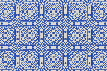 Geometric volumetric convex blue 3D pattern for wallpaper, websites, textiles. Relief light background in traditional oriental, Indonesian beautiful style. Texture with ethnic ornament.
