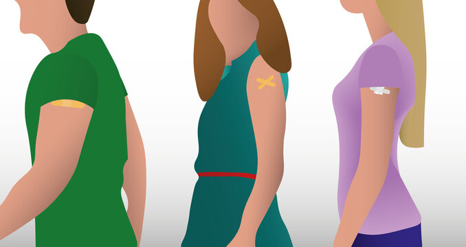 vaccinated people with plaster on their upper arm.