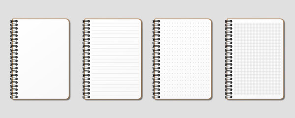 Realistic notepad. Lined, gridded and dotted sheets. Blank sheets of notebook with grid for homework and exercises. Creative vector illustration mock up diary.