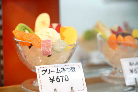 Artificial fake fruits sweets is in a show window of Japanese lid style coffee shop.