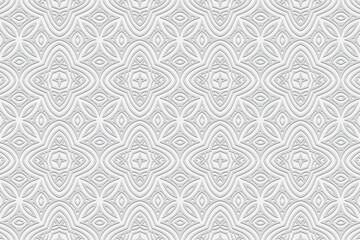 Fototapeta na wymiar 3D volumetric convex embossed geometric white background. Abstract pattern, texture in the style of arabesque. Ethnic oriental, Asian, Indonesian ornaments for design and decoration.