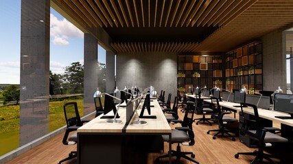 Naklejka premium Interior Empty Modern Loft Office open space modern office footage.Modern open concept Lobby and reception area meeting room design.3d Rendering .