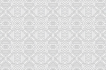 3D volumetric convex embossed geometric white background. Decorative pattern, texture in the style of arabesque. Ethnic oriental, Asian, Indonesian ornaments for design and decoration.