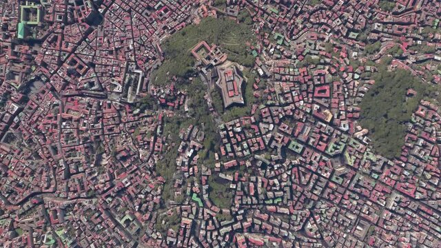 Aerial top down view of Naples in Italian Napoli is regional capital of Campania and third-largest city of Italy showing downtown and Castel Sant'Elmo is a medieval fortress 4k high res animation
