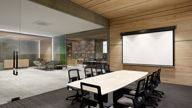 Interior Empty Modern Loft Office Open Space Modern Office Footage.Modern Open Concept Lobby And Reception Area Meeting Room Design.3d Rendering .