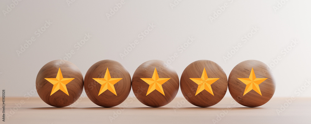 Poster Golden five stars print screen on wooden balls on table for  excellent rating of customer evaluation by 3d render.
