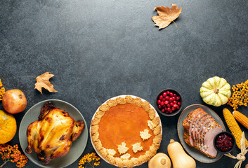 Thanksgiving traditional food for festive charity or family and friends dinner party, top-down view