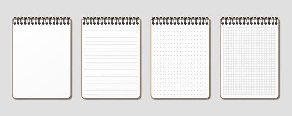Realistic notepad. Lined, gridded and dotted sheets. Blank sheets of notebook with grid for homework and exercises. Horizontal spiral. Creative vector illustration mock up diary. - obrazy, fototapety, plakaty