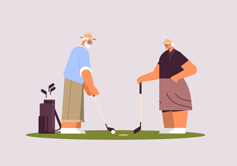 senior woman man couple playing golf aged family players taking a shot active old age concept