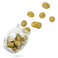 Canned olives fly out of a can on a white background, levitating olives. Isolated