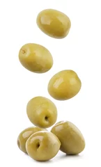 Stoff pro Meter Canned olives fly and fall on a heap on a white background, levitating olives. Isolated © innafoto2017