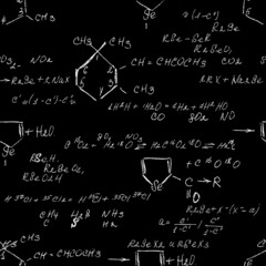 Fototapeta na wymiar Seamless endless pattern background with handwritten chemistry formulas, chemical relationship or rules expressed in symbols, various matter, compounds, composed of atoms, molecules and ions. Vector.