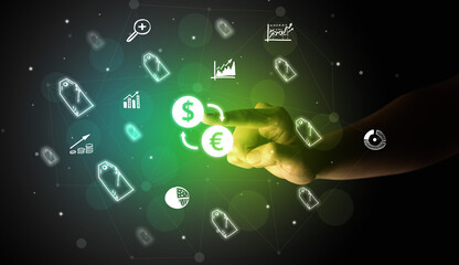 Businessman finger touching on screen multimedia interface with hand drawn currency icons
