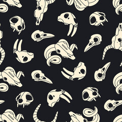 Various Skulls of different animals and birds. Skull of ram, cat or tiger, buffalo or cow, saber toothed lion, lynx. Hand drawn trendy Vector seamless Pattern. Square background, wallpaper
