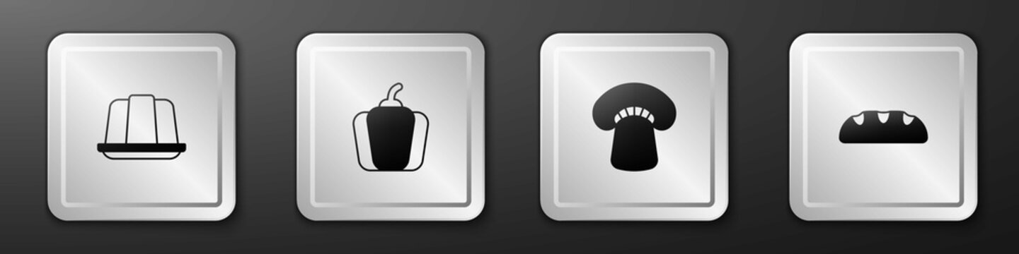 Set Jelly Cake, Bell Pepper, Mushroom And Bread Loaf Icon. Silver Square Button. Vector