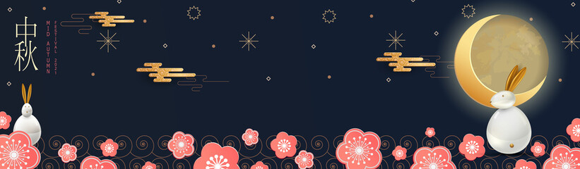 Abstract cards, banner design with traditional Chinese circles patterns representing the full moon, Chinese text Happy Mid Autumn, gold on dark blue. Vector illustration