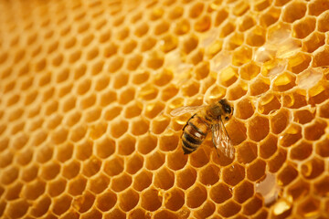 Macro photo of a bee on a honeycomb. National honey bee day. September honey month. - obrazy, fototapety, plakaty