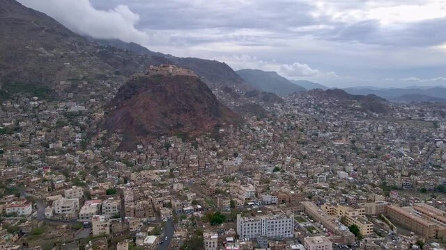 Aerial photography of the city of Taiz, showing the Citadel of Cairo, the most important monuments in Yemen 2021