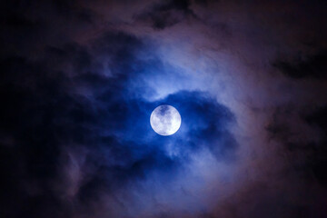 Mysterious dark night sky with full moon and cloud. Dark space moon and midnight Halloween concept