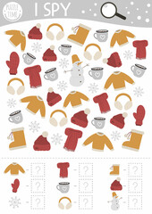 Winter I spy game for kids. Searching and counting activity for preschool children with snowman, warm drink and clothes. Funny Christmas printable worksheet for kids. Simple New Year spotting puzzle..