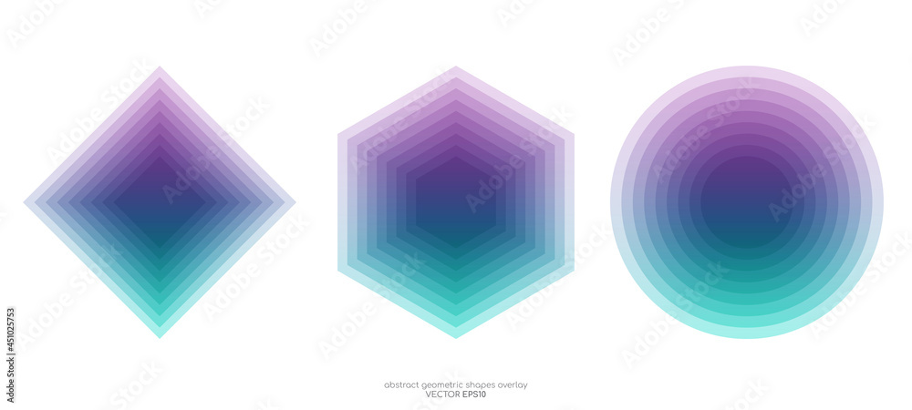 Aufkleber Set of vector abstract geometric shape square hexagon and circle by colorful pastel gradient transparent green and purple color overlay for design elements, background, banner modern style.