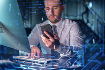 Businessman in casual wear using smart phone to optimize development by implying new technologies...