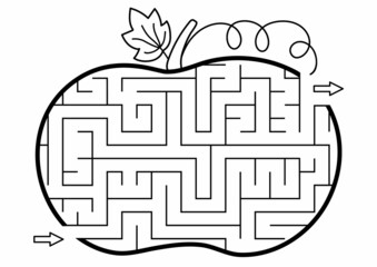 Thanksgiving black and white maze for children. Autumn or Halloween holiday line printable activity. Fall geometric outline labyrinth game or puzzle shaped like pumpkin. Harvest themed page for kids.